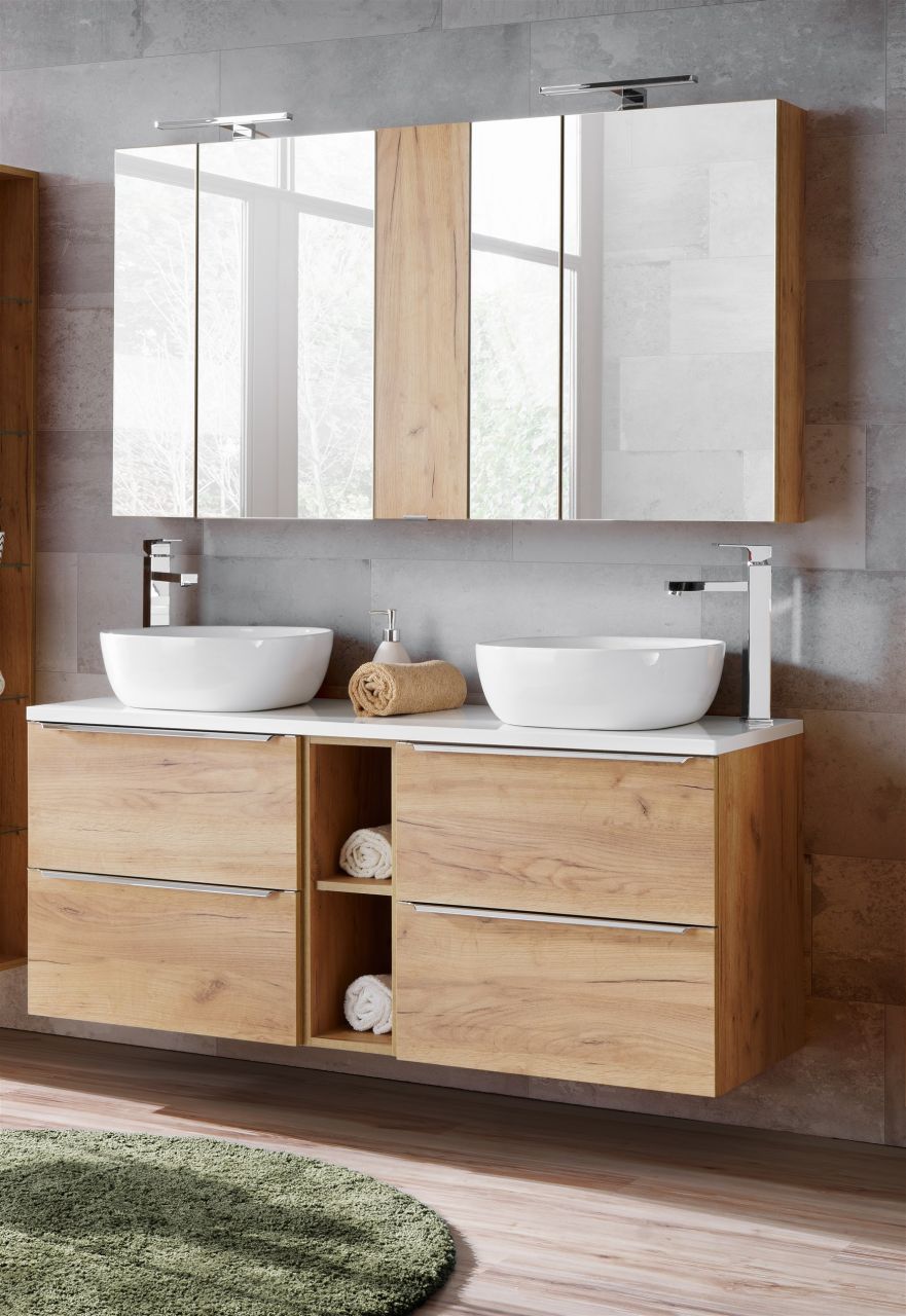 Badmöbel Set 9-tlg Badezimmerset PERUGIA Gold Eiche inkl.Waschbecken