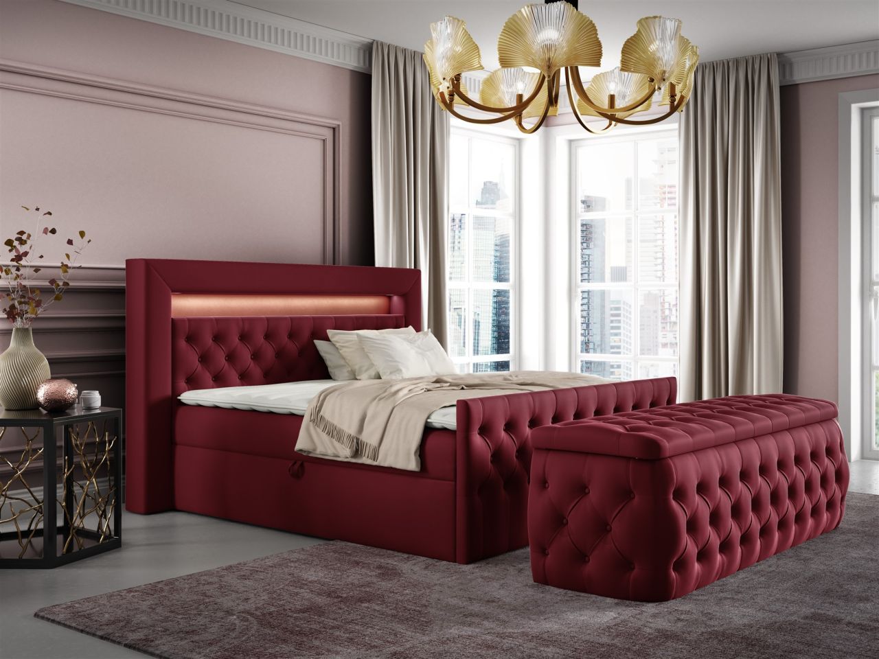 Boxspringbett Schlafzimmerbett ERNESTO Nr.3 160x200cm in Elisa Velvet Bordeau...