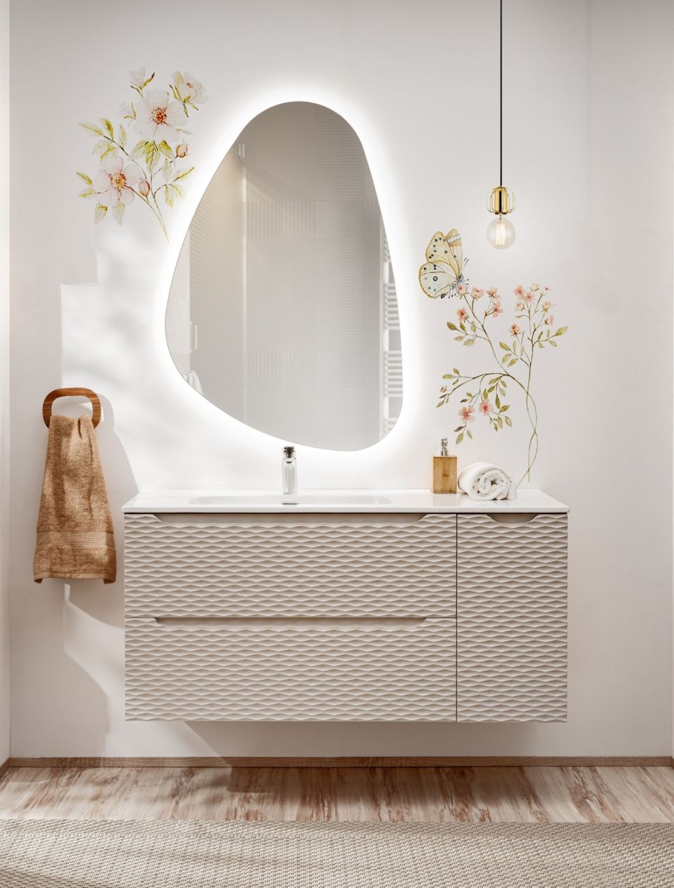 Badmöbel Set 3-tlg Badezimmerset LAXY Eiche Beige Regal rechts inkl. Waschtisch