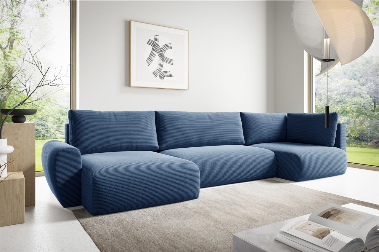Fun Möbel Blau Wohnlandschaft Schlafsofa Galan Stoff Poso Ottomane Links