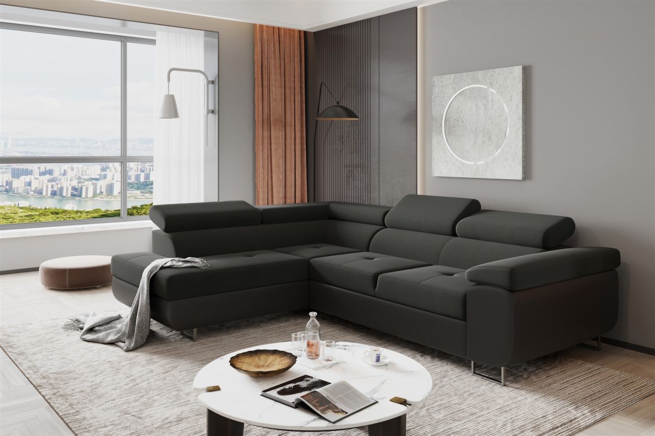 Couchgarnitur JADE Schwarz mit Schlaffunktion Ottomane Links