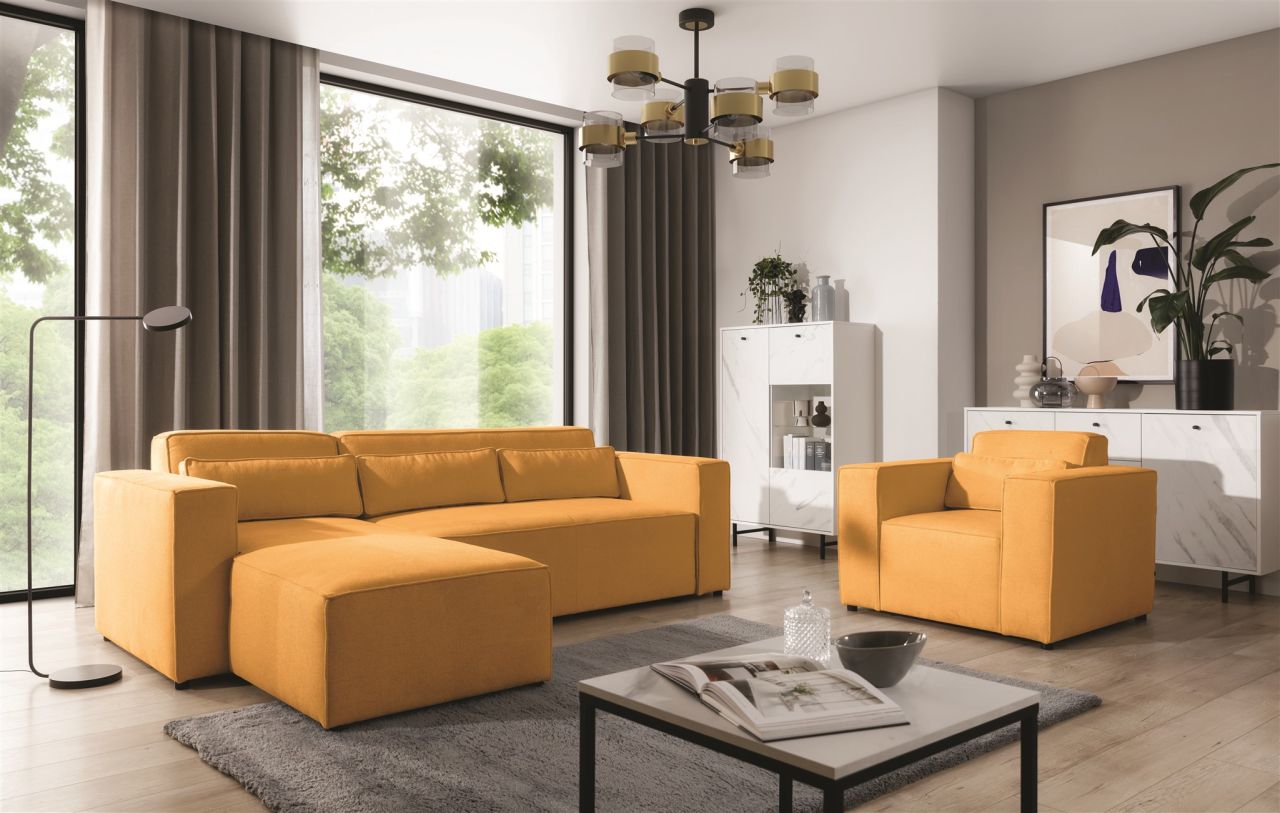 Ecksofa Schlafsofa inkl. Sessel WALDO Stoff Brooklyn Mostaza Ottomane Rechts