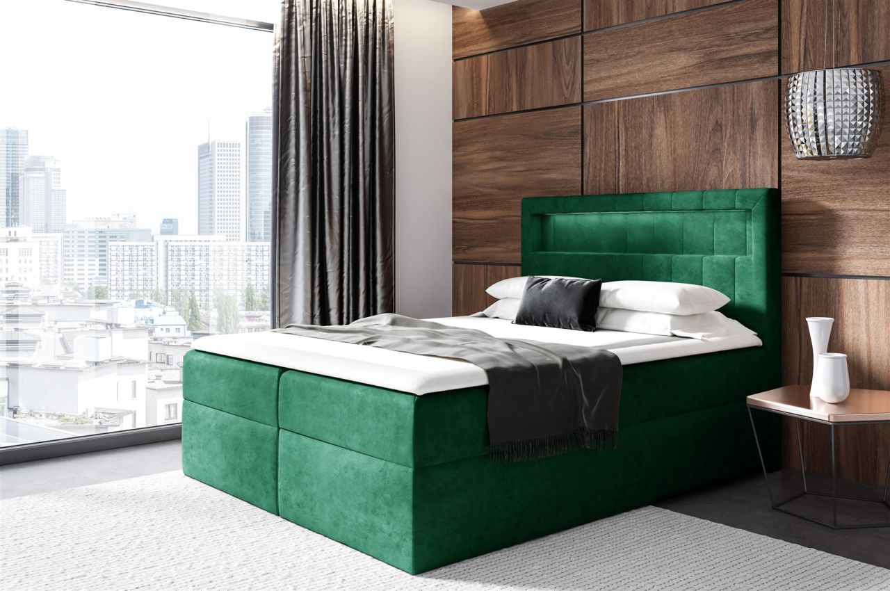 Boxspringbett Schlafzimmerbett STORM 200x200cm Stoff Kronos Grün inkl. LED