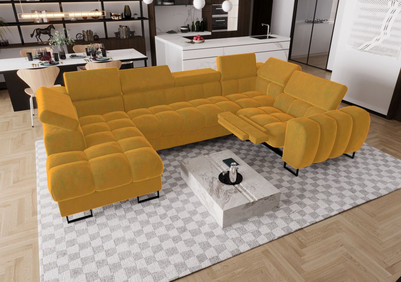 Wohnlandschaft Schlafsofa BASTIEN RELAX in Stoff Terra Honiggelb Ottomane Links