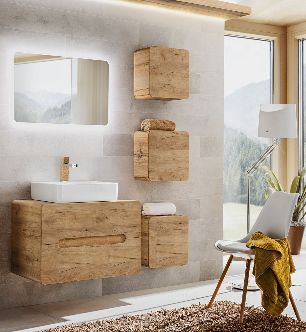 Badmöbel Set 6-tlg Badezimmerset FERMO 60cm Gold Eiche inkl.Waschtisch