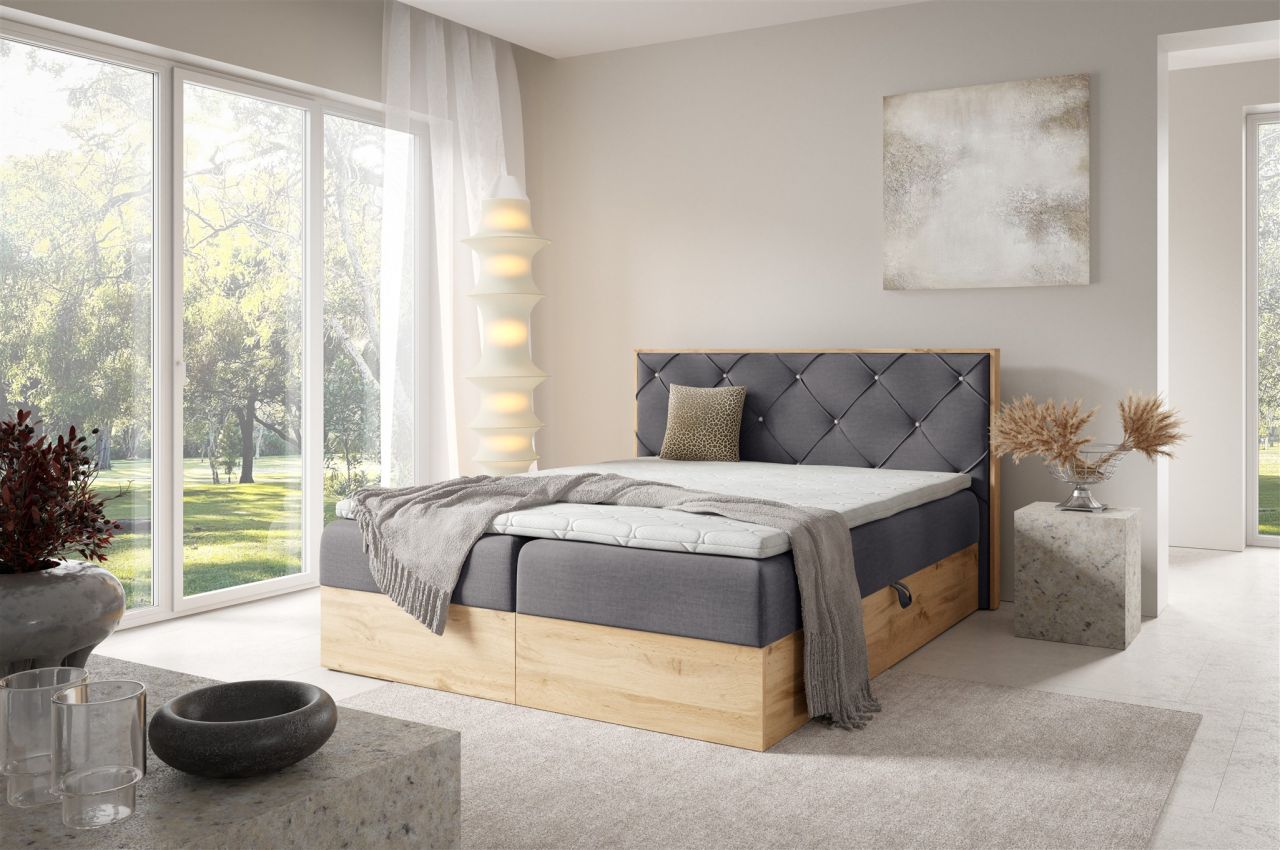 Boxspringbett Schlafzimmerbett HELIOS 120x220cm in Stoff Rouge Grau