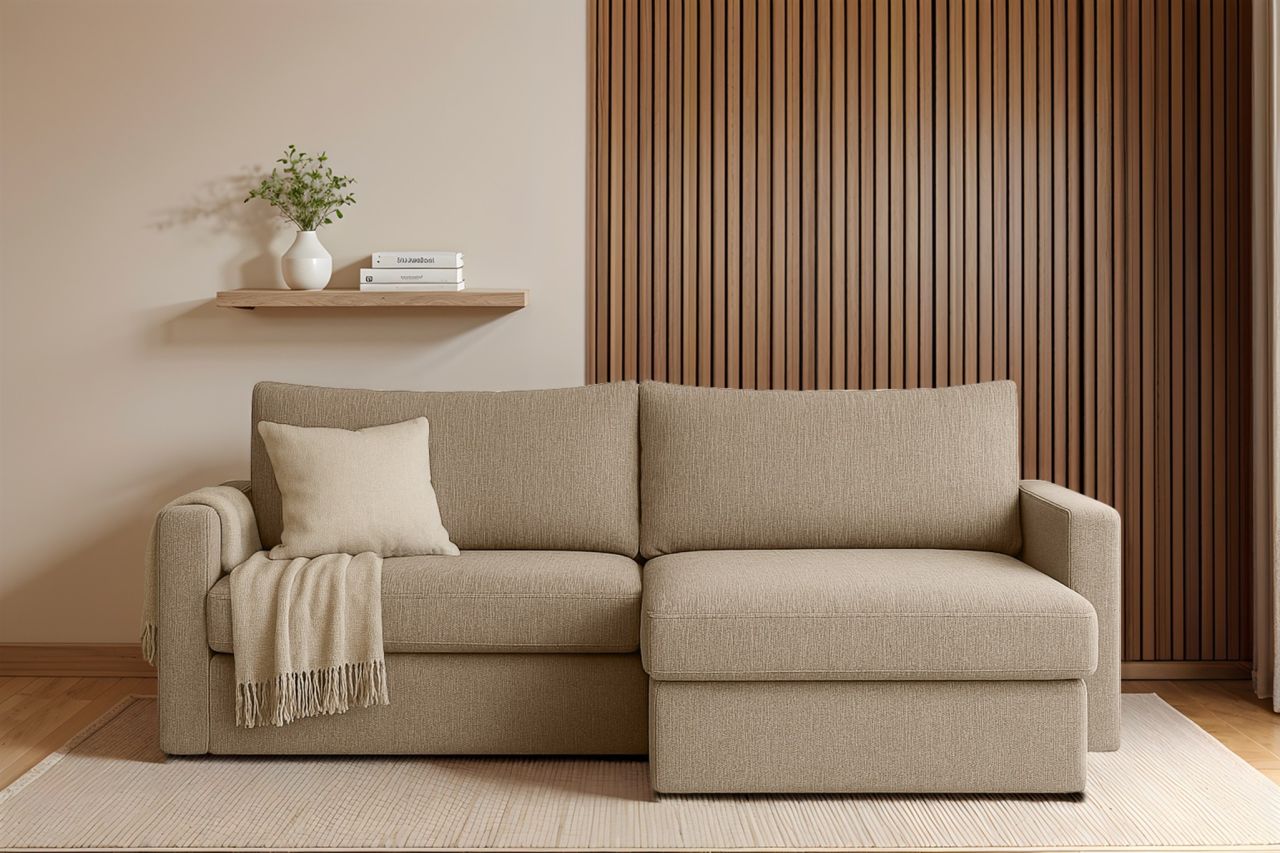 Ecksofa Sofa mit Schlaffunktion BENDIK Stoff Faro Dunkelbeige Ottomane Rechts