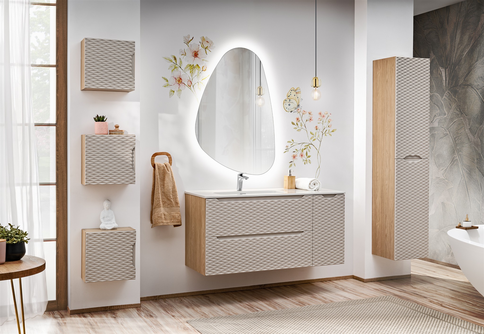Badmöbel Set 7-tlg Badezimmerset LAXY Eiche Beige Regal rechts inkl. Waschtisch | LAXY | Badkombination / Modern | Badmöbel
