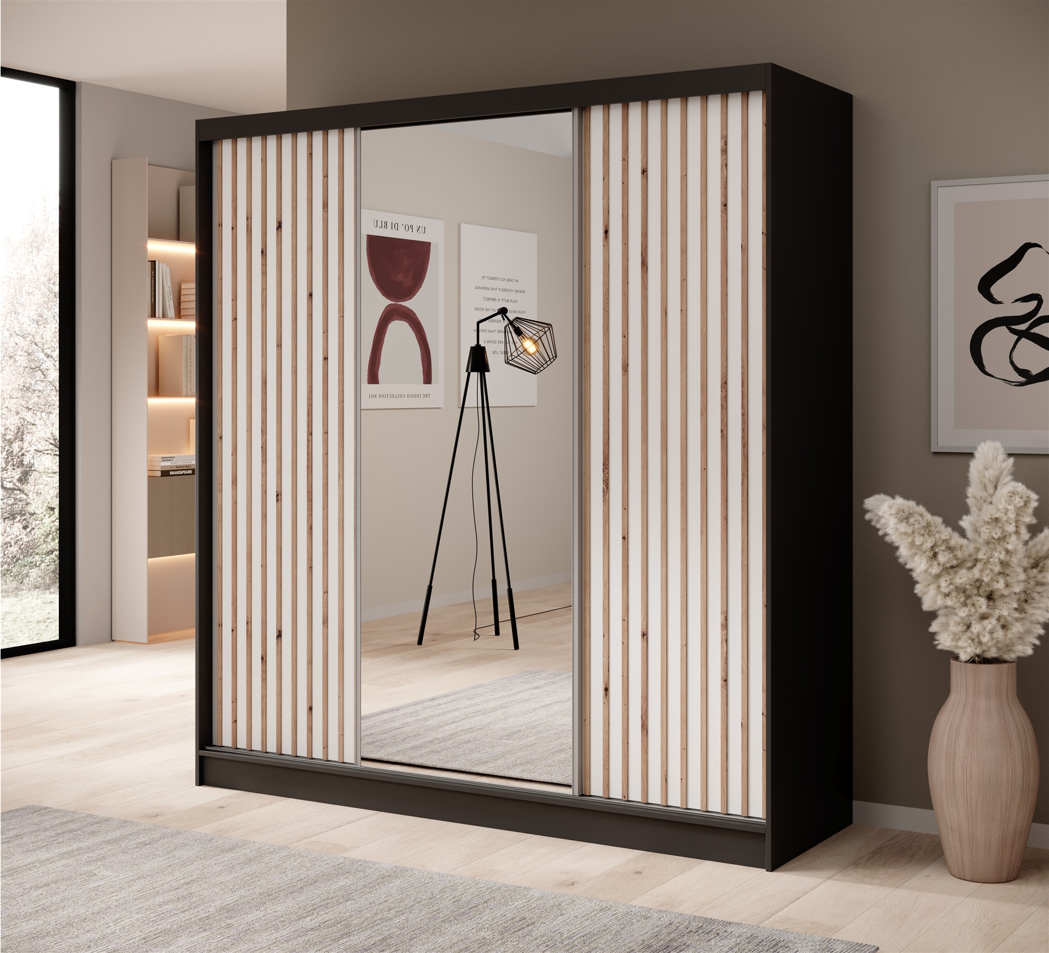 Schiebetürenschrank Schrank BRITE in Schwarz- Weiß matt 200x215x61 cm | Breite: 200cm | Schwebetürenschränke | Kleiderschränke