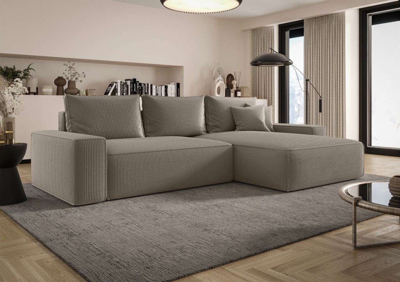 Ecksofa Schlafsofa Sofa WALKEN Stoff Poso Hellbraun Ottomane Rechts