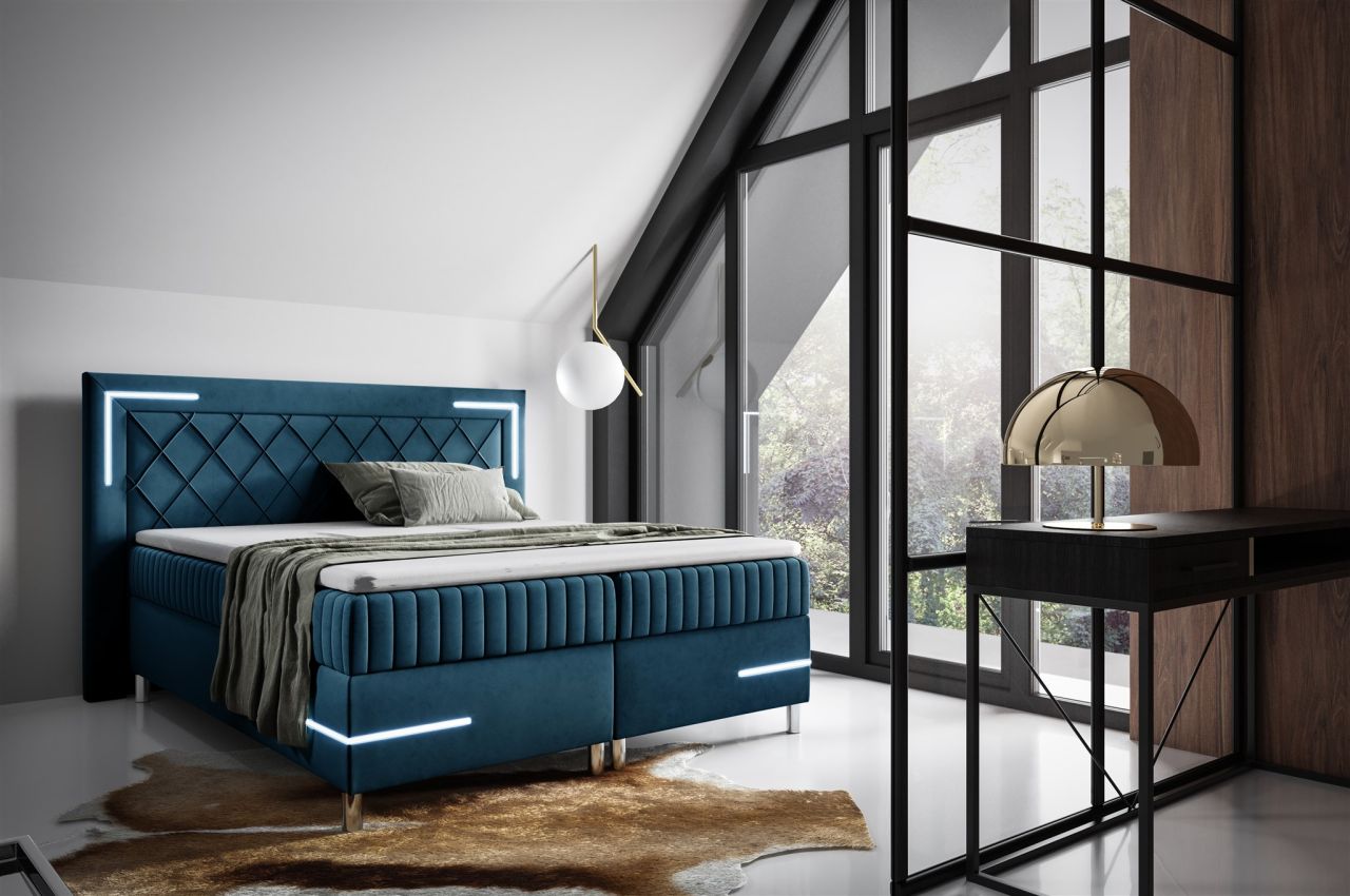 Boxspringbett Schlafzimmerbett 160x200cm AMORE Nr.3 Dunkelblau inkl. LED-Bele...