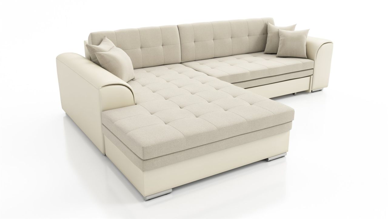 Couchgarnitur SARRA Creme-Dunkelbeige mit Schlaffunktion Ottomane Links