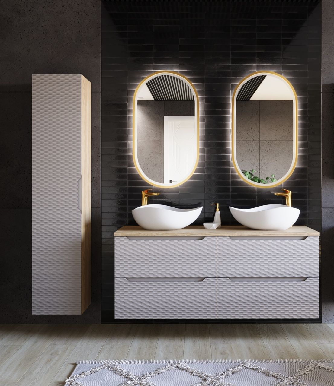 Badmöbel Set 7-tlg Badezimmerset LAXY Eiche Beige inkl. Waschtisch