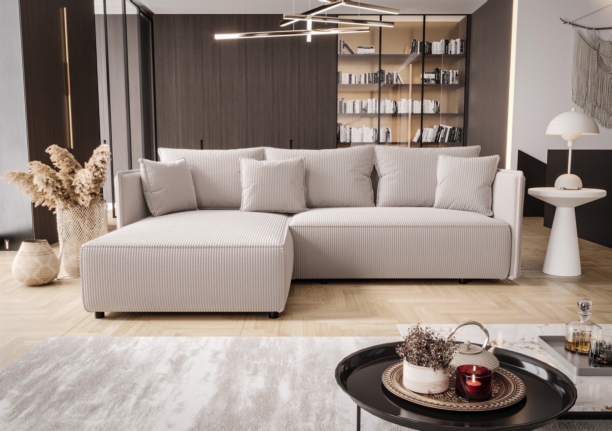 Ecksofa Schlafsofa EVORA Stoff Poso Altweiß Ottomane Links | Ottomane: Links | Ecksofas mit Schlaffunktion | Polstermöbel