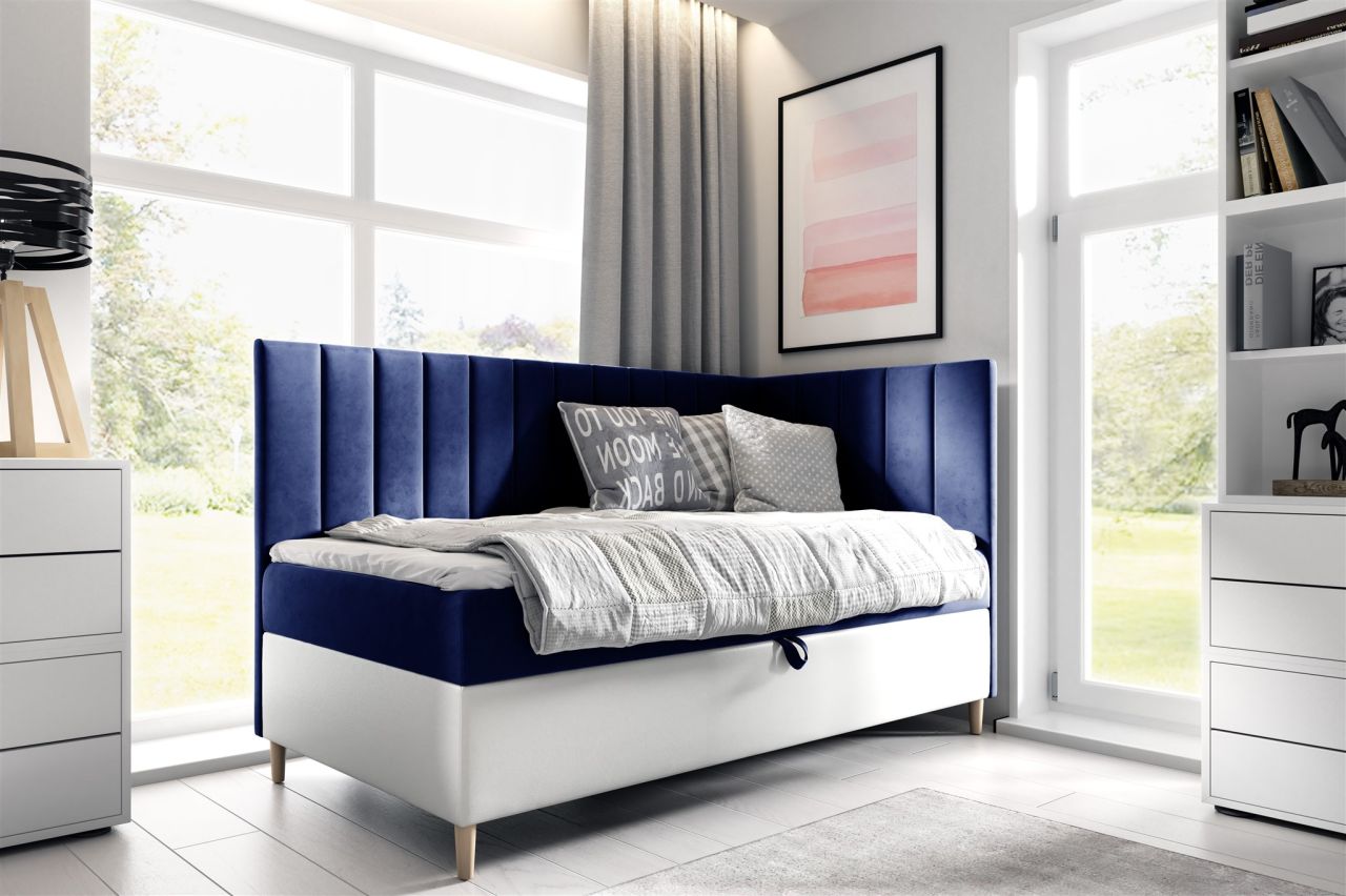 Boxspringbett Gästebett Kinderbett HELVI Nr.3 90x200cm Weiss-Blau Seite Rechts