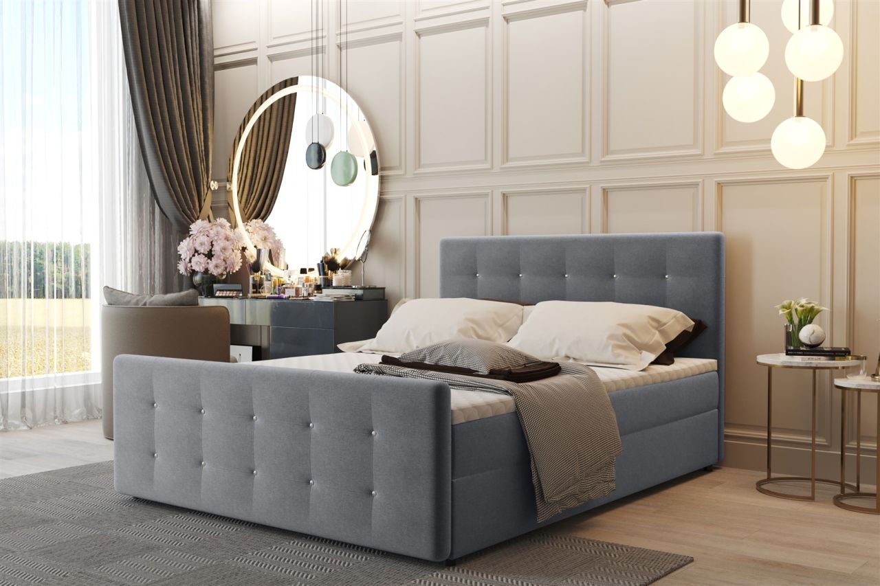 Boxspringbett Schlafzimmerbett CARLOS 140x200cm Stoff Soro Grau inkl.Bettkasten