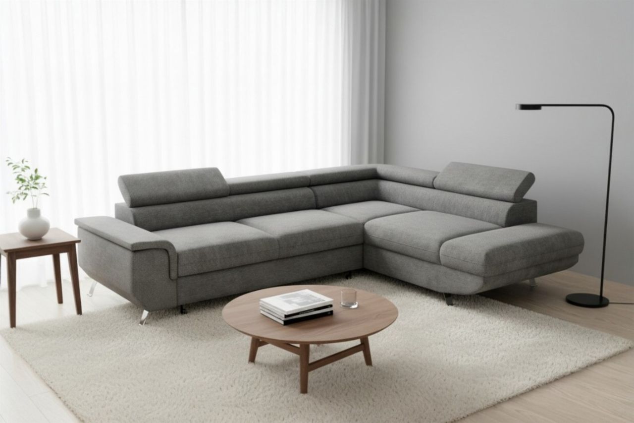 Ecksofa mit Schlaffunktion PLATO Sofa in Stoff Onega Dunkelgrau Ottomane Rechts