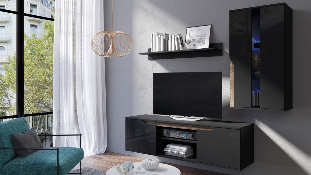 Mediawand Wohnwand 3 tlg DALLAS Schwarz Hochglanz / Eiche Monastery