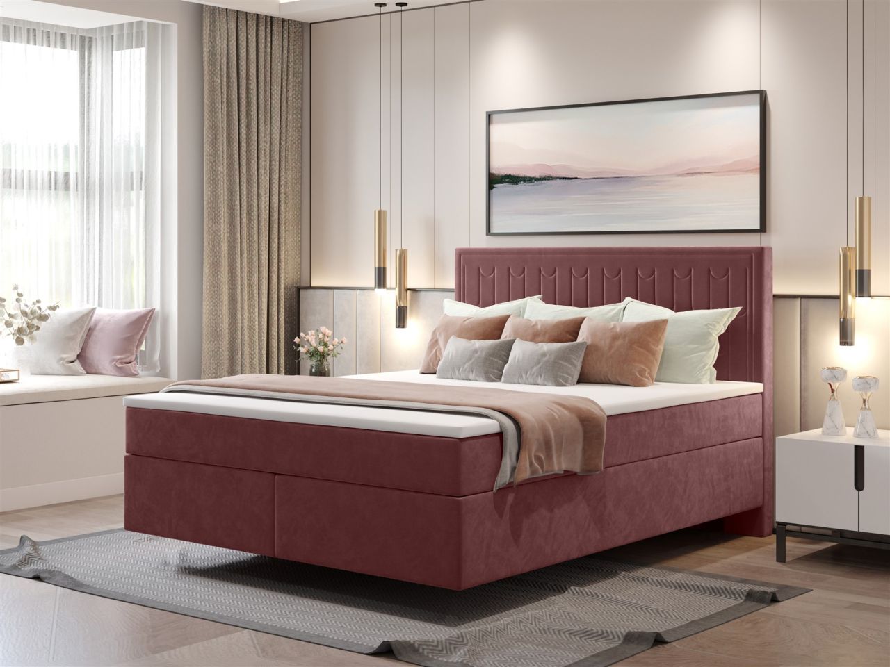 Boxspringbett Schlafzimmerbett ROCIO Nr.1 Delux 140x200cm in Stoff Bordeauxrot