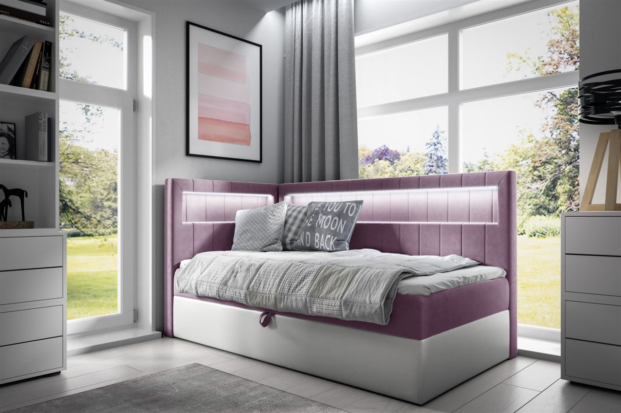 Boxspringbett Gästebett Kinderbett FABIAN Nr.3 100x200cm Weiss-Rosa Seite Links