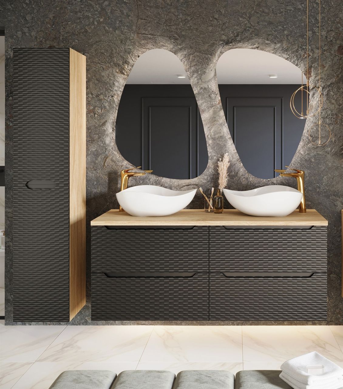 Badmöbel Set 5-tlg Badezimmerset LAXY Eiche Schwarz ohne Waschtisch