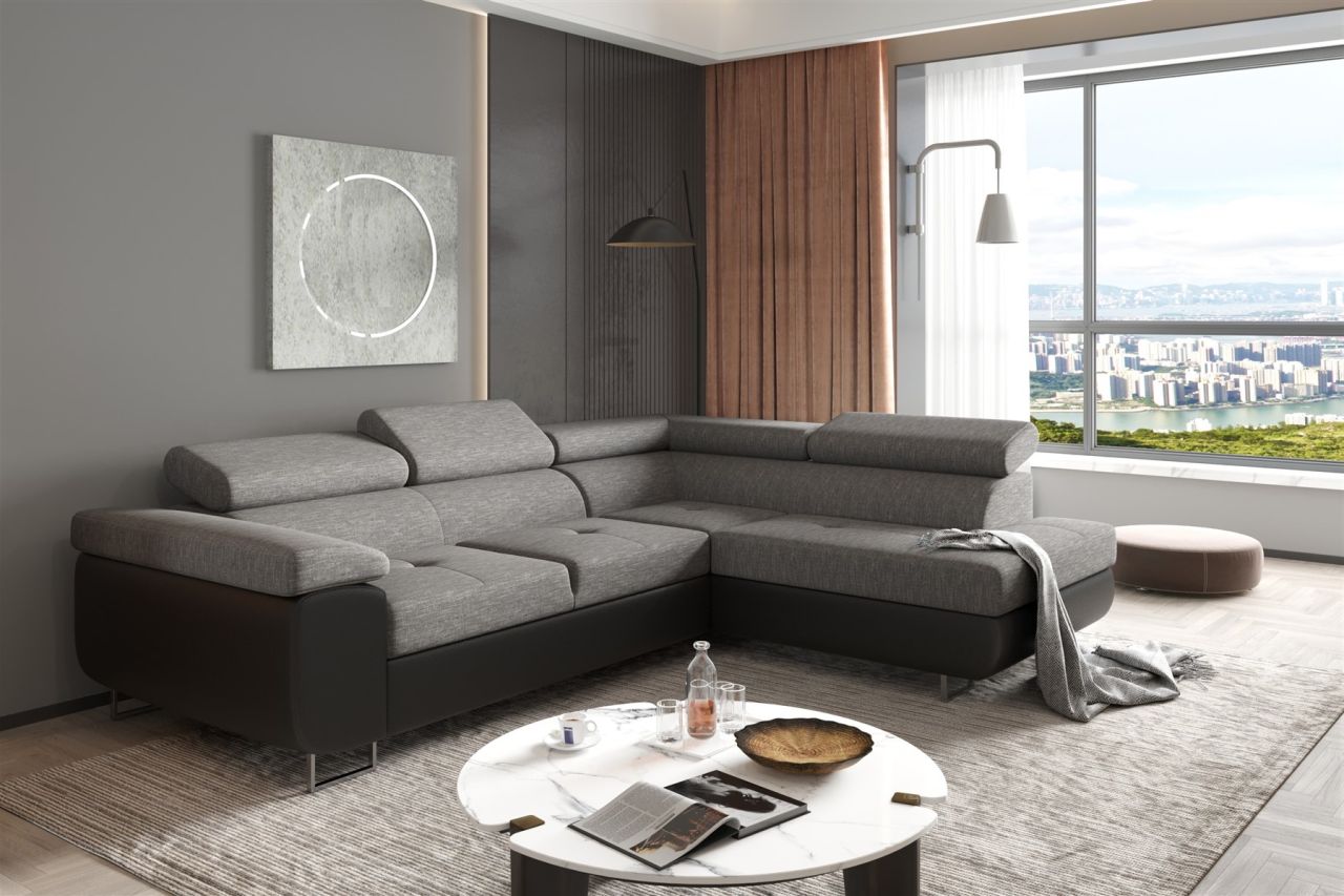 Couchgarnitur JADE Schwarz-Grau mit Schlaffunktion Ottomane Rechts