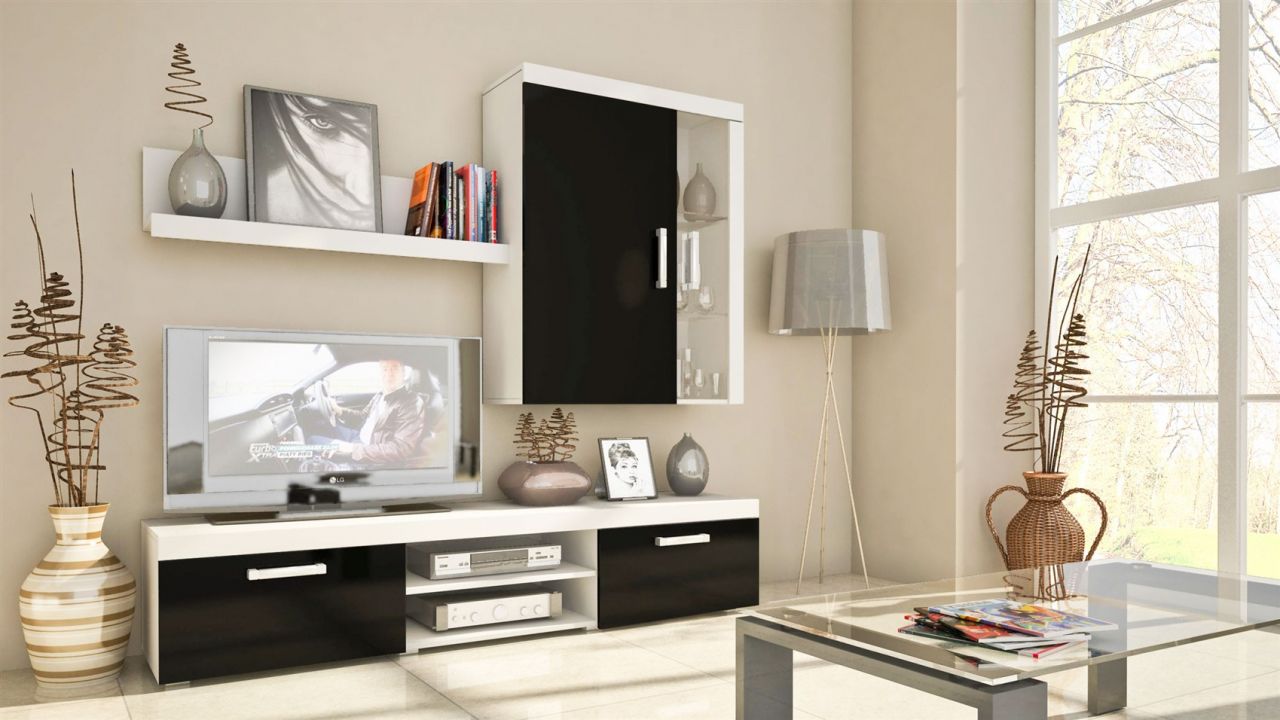 Wohnwand Schrankwand 3 tlg.TOM Weiß / Weiß- Schwarz Hochglanz