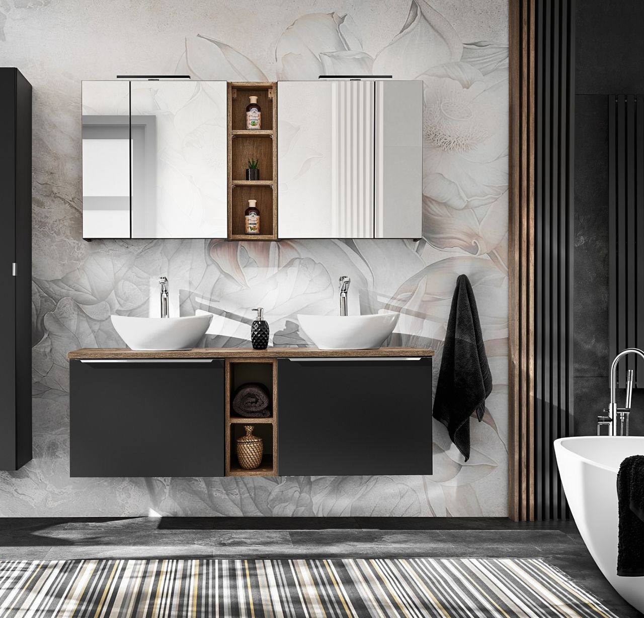 Badmöbel Set 6-tlg Badezimmerset AKAN Schwarz matt ohne Waschtisch