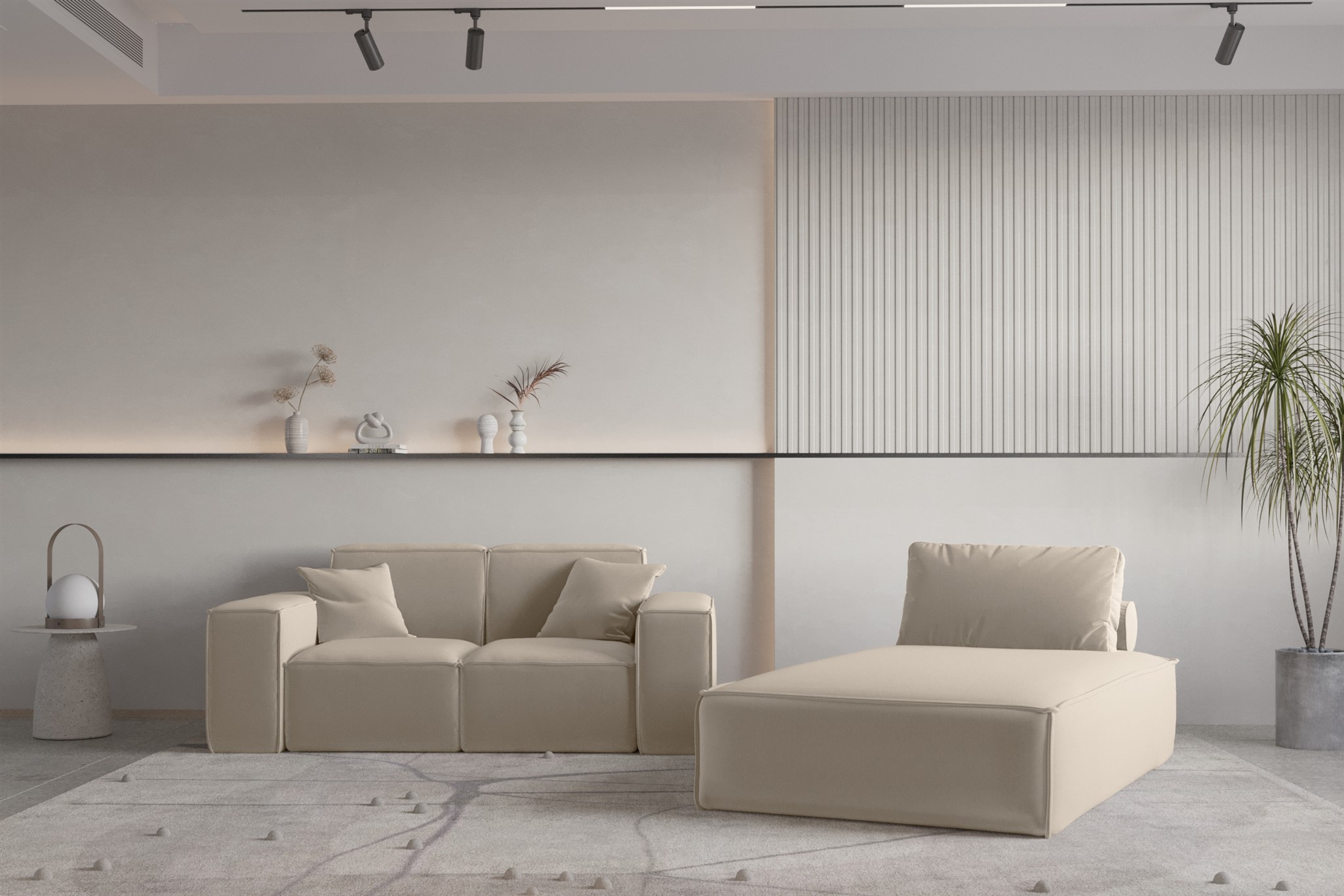 Sofa Set 2-teilig Sezlong und Sofa 2-Sitzer CELES PREMIUM Stoff Opera Velvet Beige | Couchgarnituren | Polstermöbel