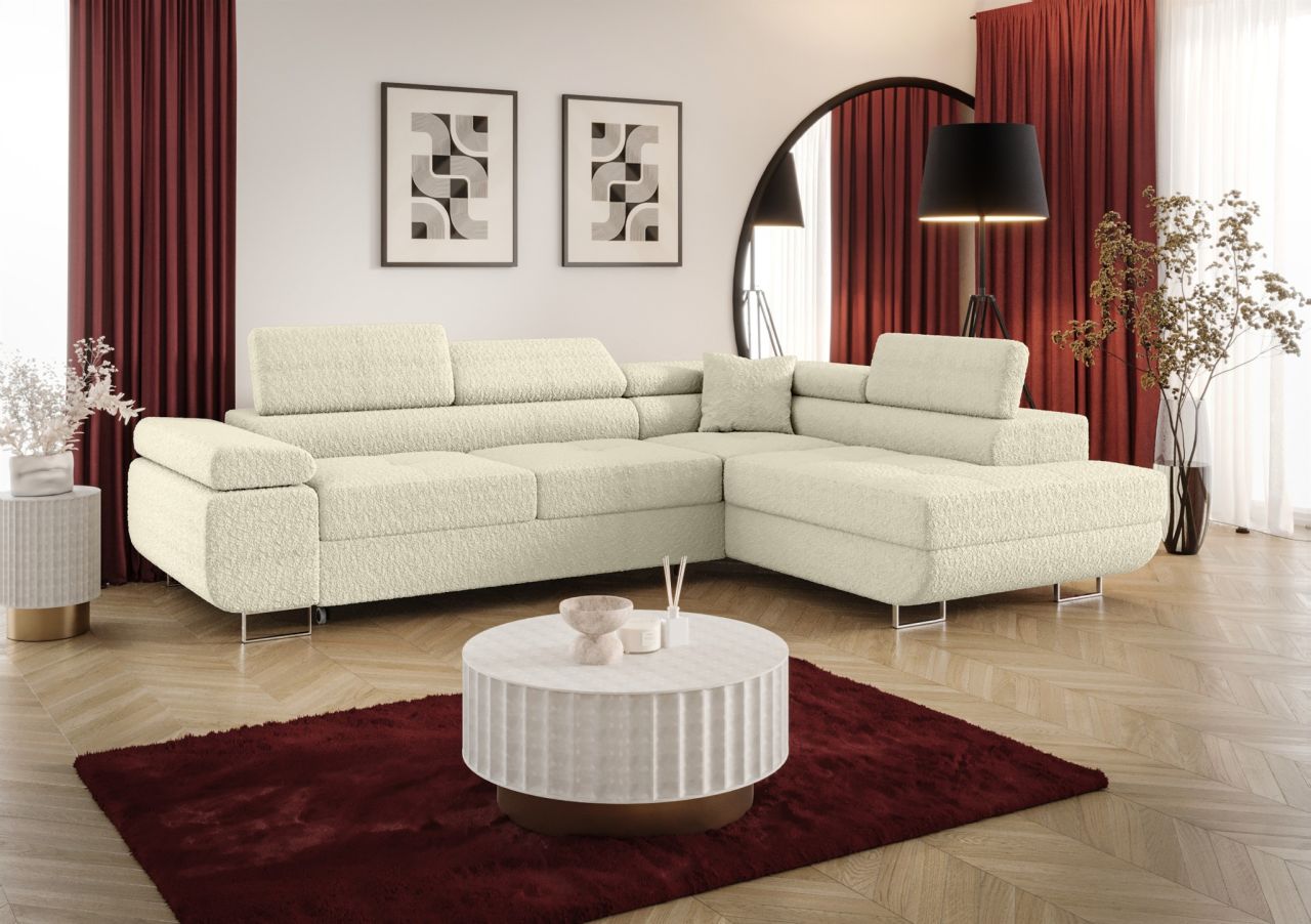 Ecksofa Schlafsofa Sofa MONARO Stoff Quelle Creme Ottomane Rechts