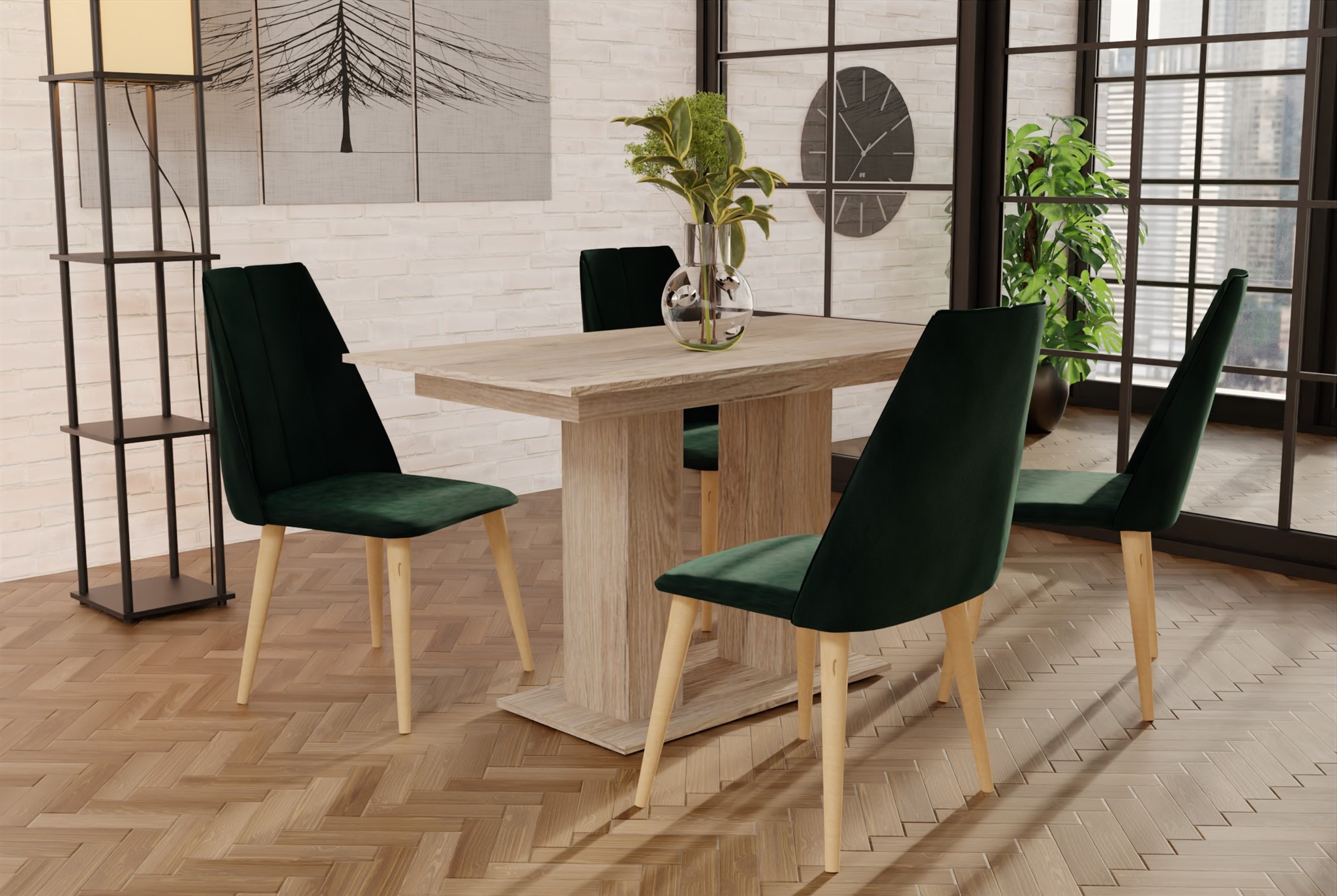 Essgruppe Sonoma matt-Tisch mit 4 Grün CAROS Stühlen für Esszimmer, Küche | Esstisch mit Stühlen | Essgruppen | Wohn-& Essbereich