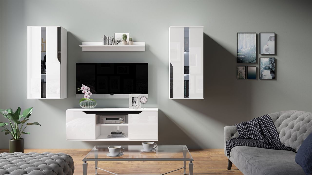 Mediawand Wohnwand 4 tlg DALLAS Weiss Hochglanz / Schwarz