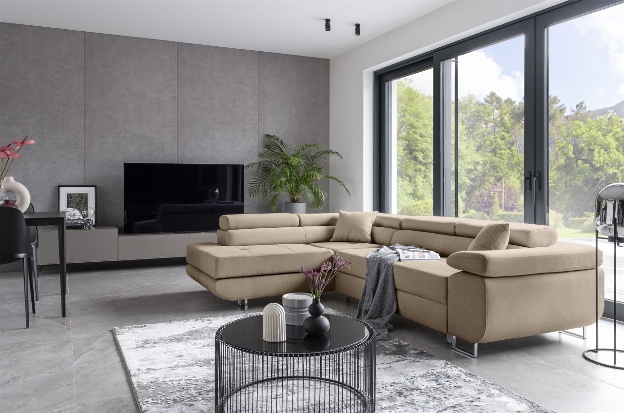 Ecksofa Schlafsofa SARRA in Stoff Cover Beige Ottomane Links