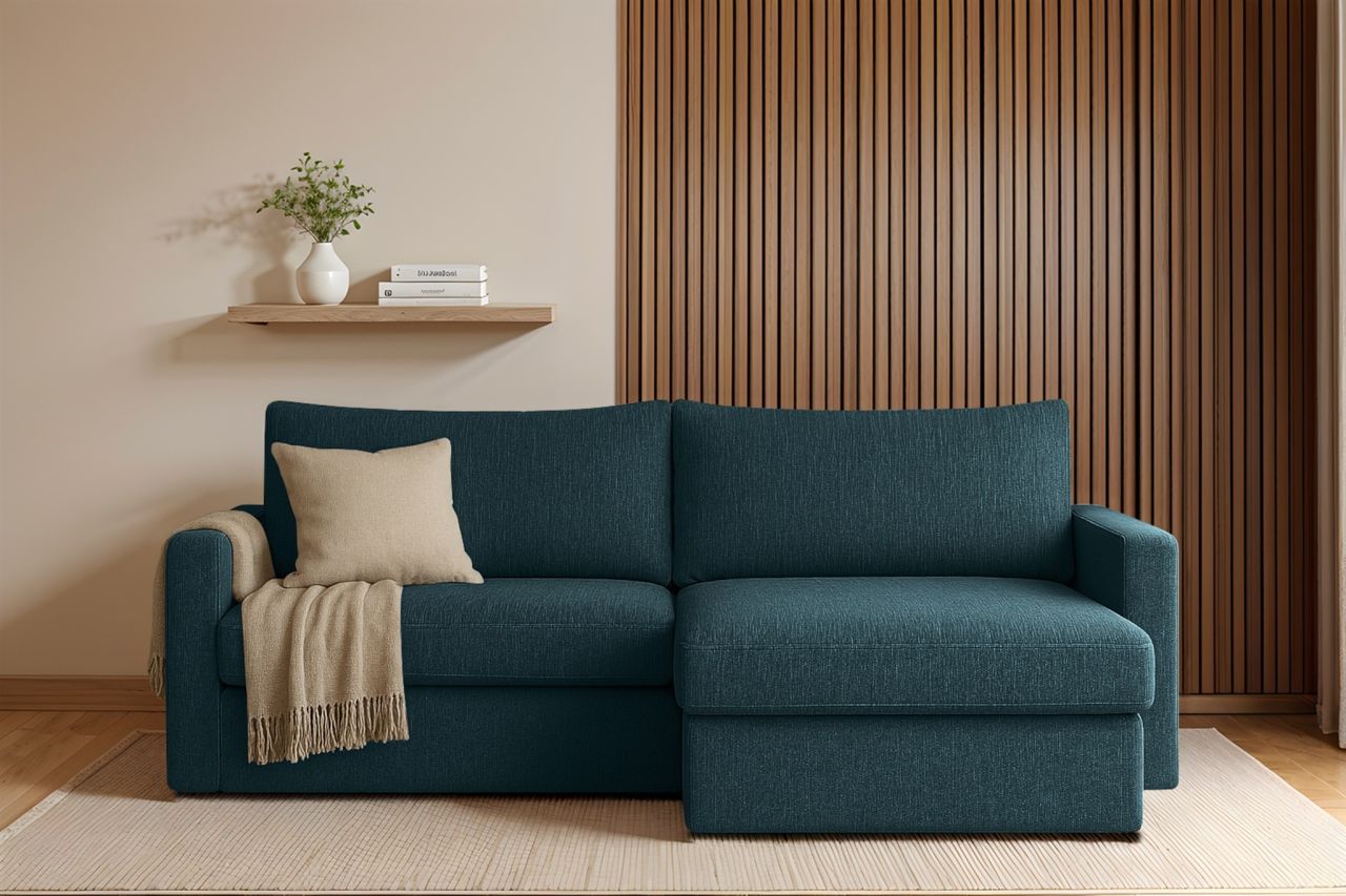 Ecksofa Sofa mit Schlaffunktion BENDIK Stoff Faro Dunkelblau Ottomane Rechts