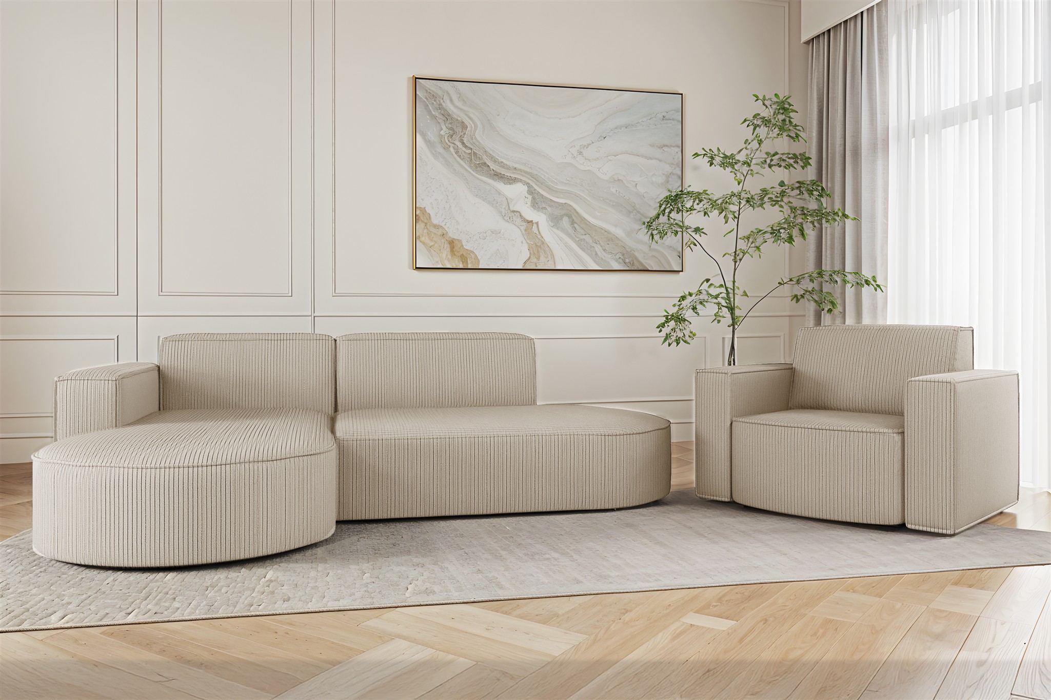 Sofa Set 2-teilig Sessel und Ecksofa PALMA XS Stoff Scala Sand Ottomane Links | Couchgarnituren | Polstermöbel