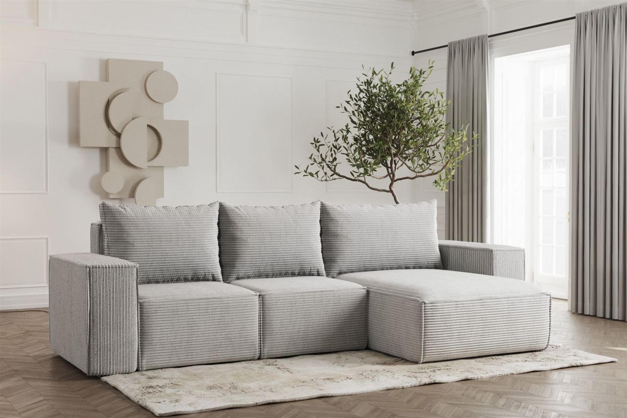 Ecksofa ersofa ESTELLE in Stoff Poso Hellgrau Ottomane Rechts