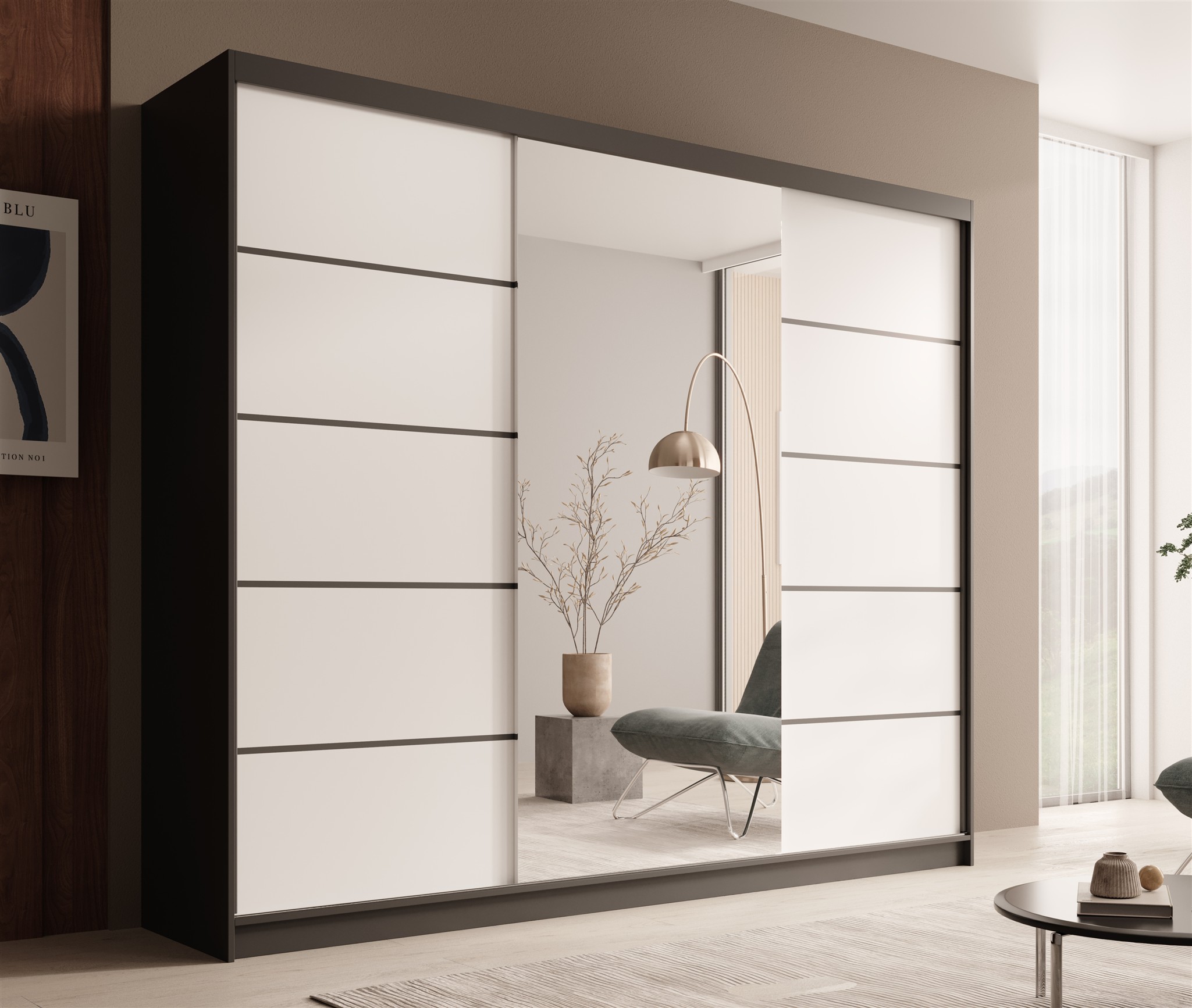 Schiebetürenschrank Schrank OSLO in Schwarz- Weiß matt 250x215x58 cm | Breite: 250cm | Schwebetürenschränke | Kleiderschränke