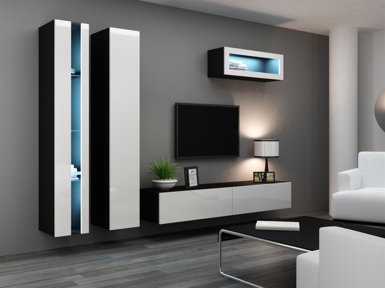 Mediawand Wohnwand 4 tlg - SENTIC 2 -Schwarz / Weiss Hochglanz