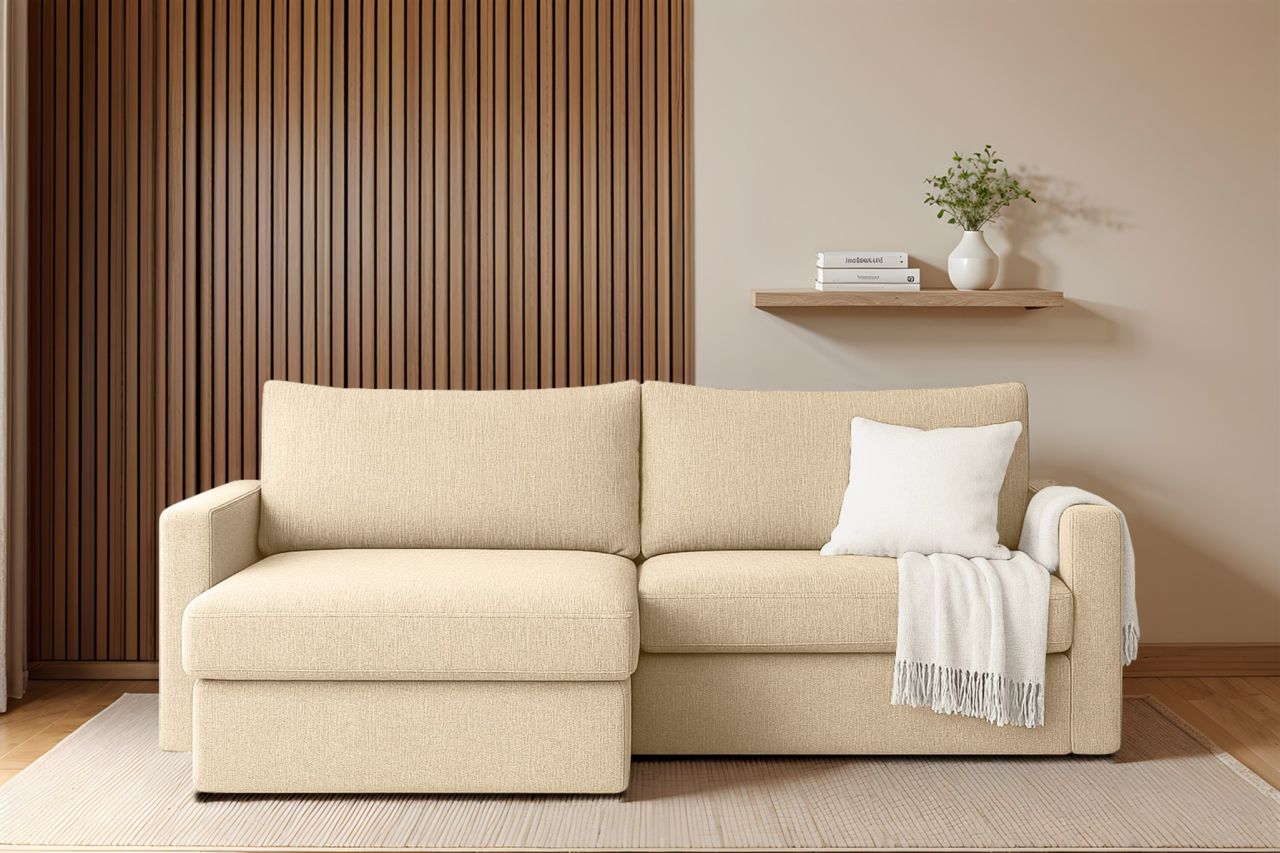 Ecksofa Sofa mit Schlaffunktion BENDIK Stoff Faro Creme Ottomane Links