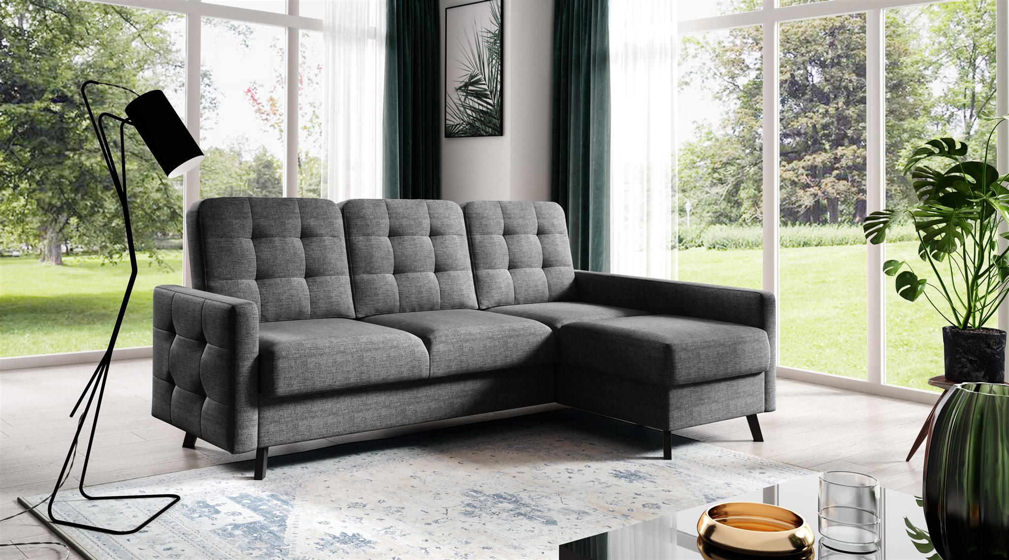 Ecksofa Sofa GARNET Stoff Luis Grafit mit Schlaffunktion Ottomane Rechts | Ecksofa mit Schlaffunktion | Serie-GARNET | Polstermöbel-Serie