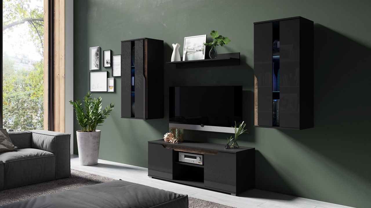Mediawand Wohnwand 4 tlg DALLAS Schwarz Hochglanz / Eiche Monastery