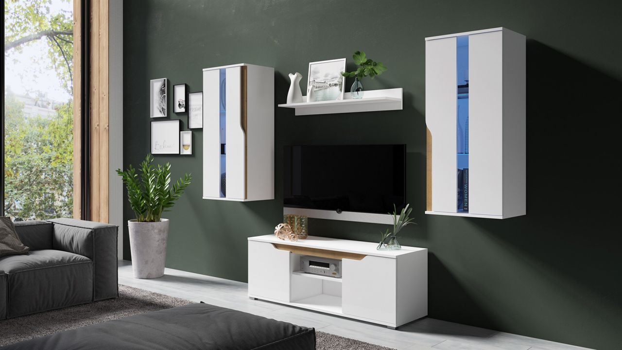 Mediawand Wohnwand 4 tlg DALLAS Weiss Hochglanz / Eiche