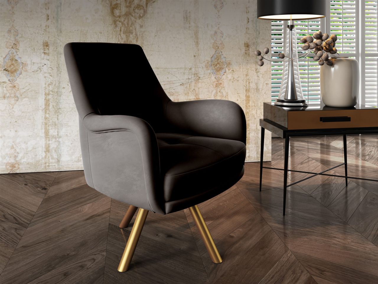 Sessel Drehsessel VALERIE in Stoff Stoff Elisa Velvet Schwarz