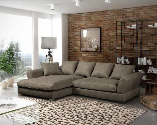 Couchgarnitur TIZIAN L-Form in Wildlederoptik-Grau / Ottomane Links