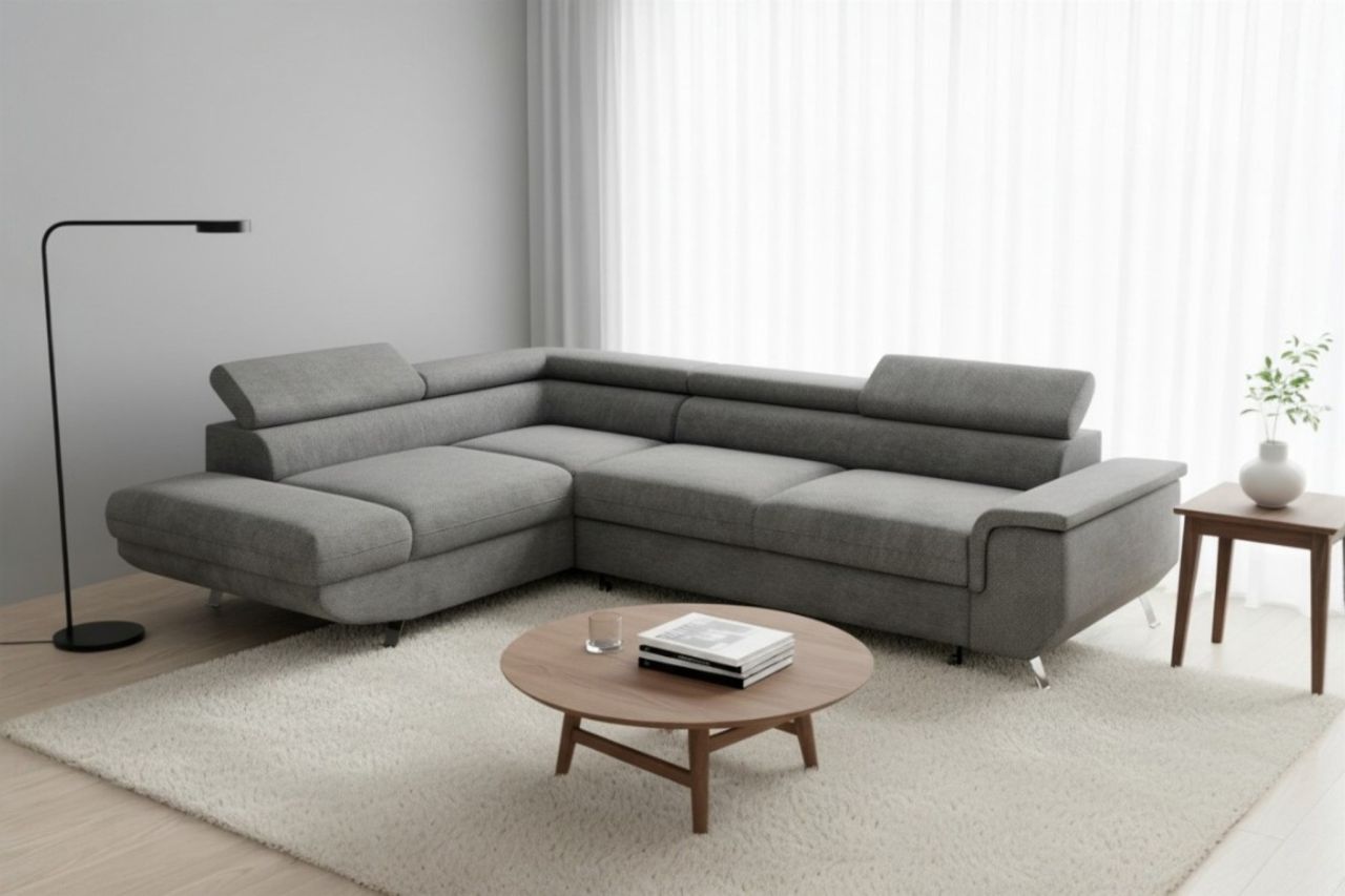 Ecksofa mit Schlaffunktion PLATO Sofa in Stoff Onega Dunkelgrau Ottomane Links