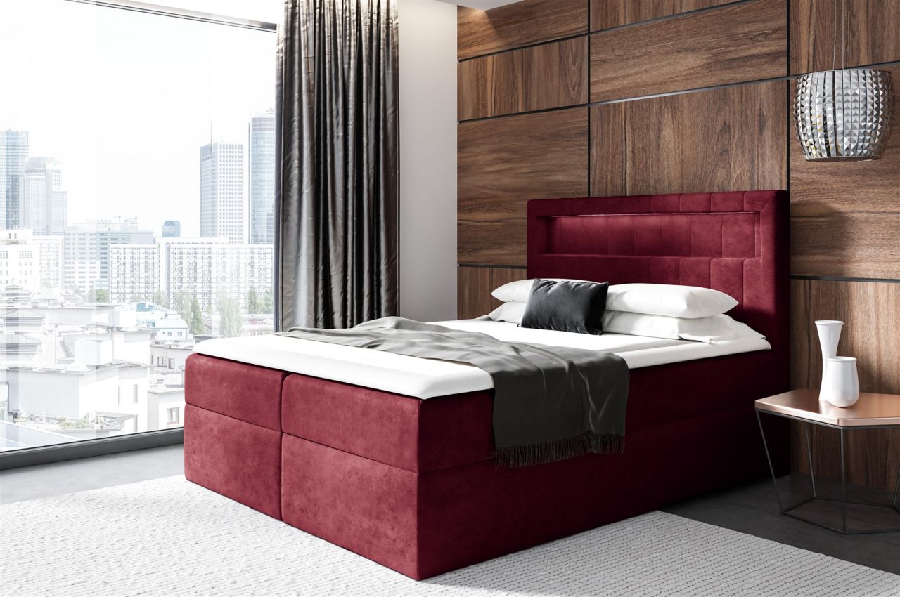 Boxspringbett Schlafzimmerbett STORM 200x200cm Stoff Kronos Purpurrot inkl. LED