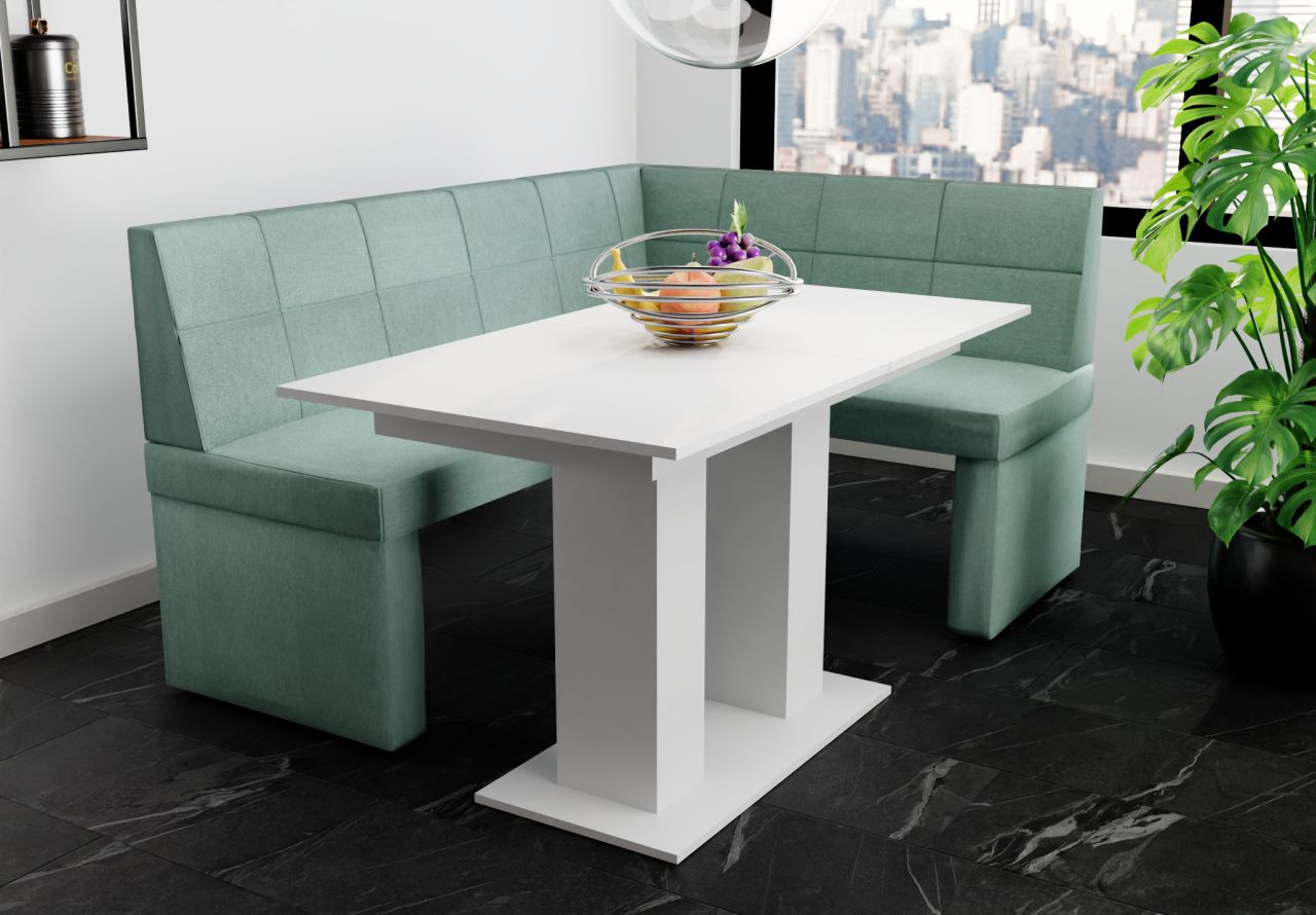 Eckbankgruppe 196x142 cm BLAKE XL L Stoff Soro Türkis / Esstisch DANTE Weiß