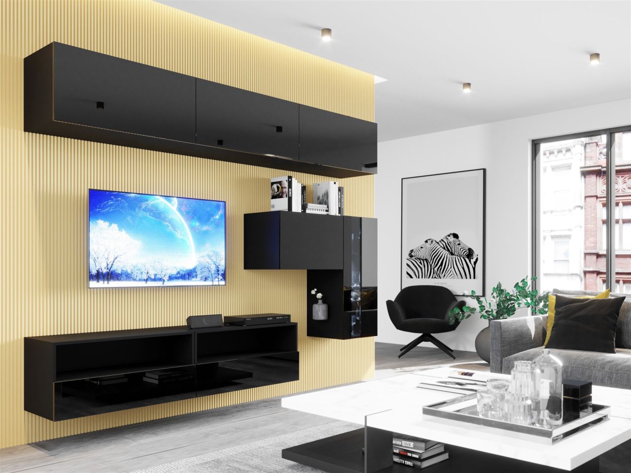 Mediawand Wohnwand 7 tlg - NEXI XL 33 - Schwarz Hochglanz inkl. LED