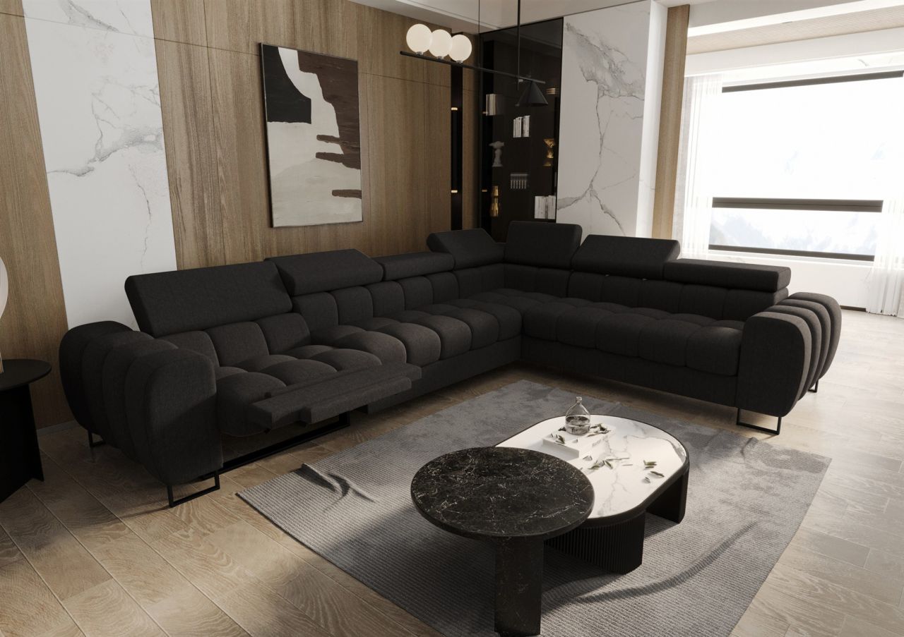 Ecksofa Schlafsofa BASTIEN RELAX in Stoff Gemma Dunkelgrau Ottomane Rechts