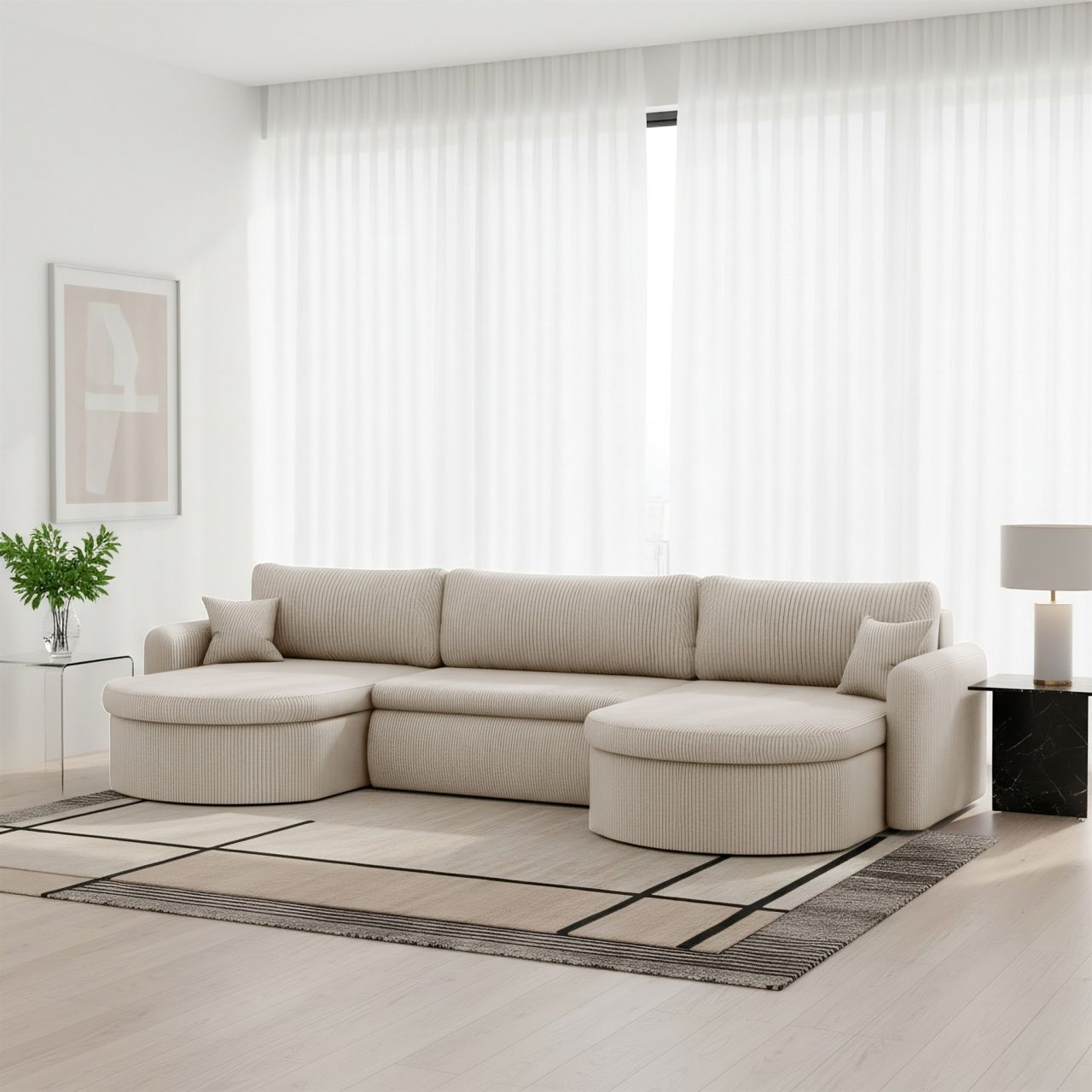 Wohnlandschaft Sofa mit Schlaffunktion FELIZ Stoff Poso Altweiß